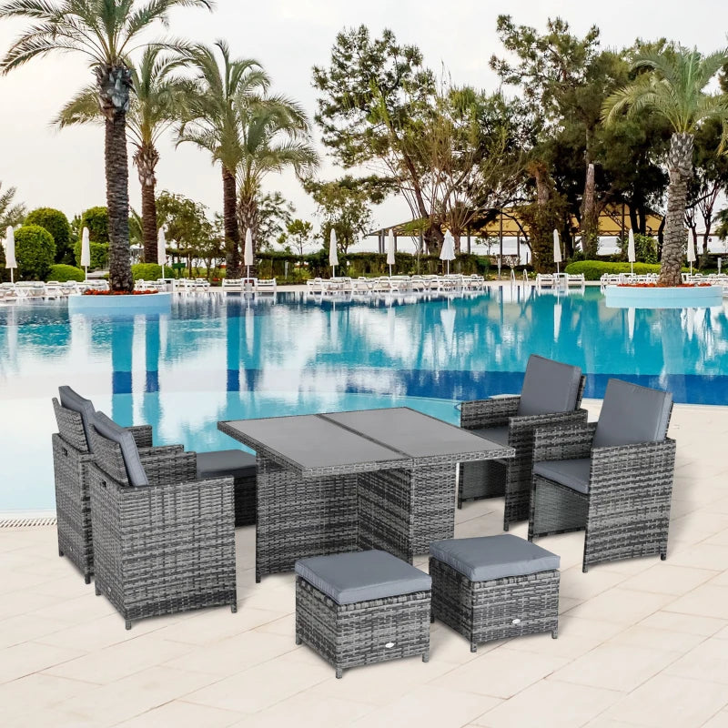 9 Piece Rattan Dining Set With Stylish Black Tempered Glass Table Top